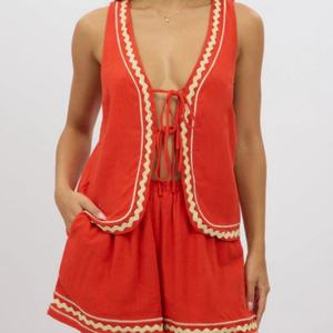 ชุดลำลองผ้าลินินสำหรับผู้หญิงขายดีปี 2025 แฟชั่นปักลายผ้าฝ้ายแขนกุดสองชิ้นพร้อมลูกไม้เปลือกหอยสุดเซ็กซี่สไตล์ใหม่ - Product Image 3