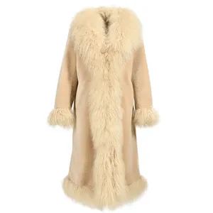 2024 Winter Vrouwelijke Lange Schapen Shearling Jas Met Mongoolse Bont Custom Echte Lamswol Schapenbont Trenchcoat Voor Vrouwen