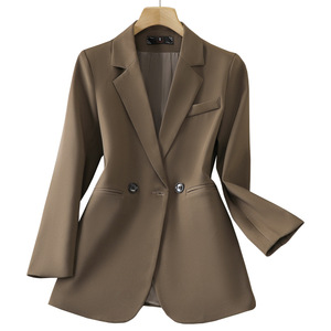 Brown Women's Blazer Loose Fit Solid Color Polyester No-Wrinkle Treatment Spring Autumn Casual Suit Jacket - Product Image 1