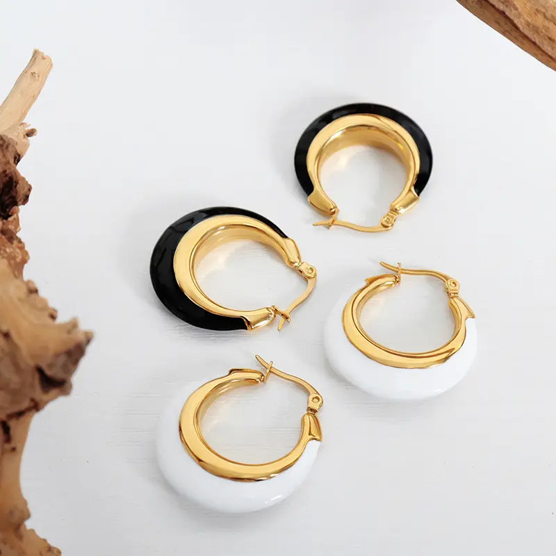 High Quality Ins Style Circled Large Earrings Black White Stainless Steel Drip Oil Chunky Hoop Earrings accesorios mujer