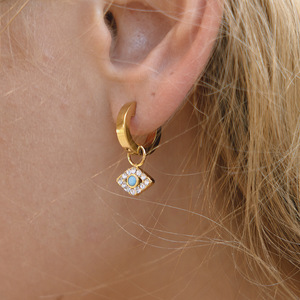 Geometric Evil Eye Hoop Earrings Gold Tone Crystal Inlay Everyday Wear Stainless Steel Jewelry Women - Product Image 2