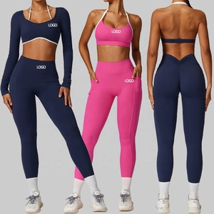 Activewear-Sujetador deportivo con espalda abierta para mujer, Top corto de cintura alta, medias de compresión, pantalones de Yoga, Leggings, conjunto acanalado, <span class=keywords><strong>2</strong></span>/<span class=keywords><strong>3</strong></span>/4 Uds. - Product Image 1