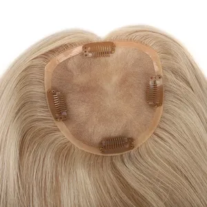 Của phụ nữ chất lượng cao 5x5 Mono Remy Trung Quốc tóc Topper thẳng cái nhìn tự nhiên PU ren cơ sở đóng cửa 4 Clip lụa cơ sở mật độ 100% - Product Image 4