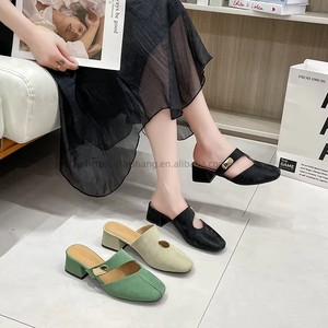 Thick Heel Outwear Elegant Square Toe Cut Out Medium Heel Sals for Women Summer Sexy <b>Slip</b>-on <b>Half</b> Slippers - Product Image 4