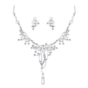 High quality Drop shipping wedding party nigerian Pearl rhinestones dimond Silver Earrings Necklace Jewelry 3 PCS Set