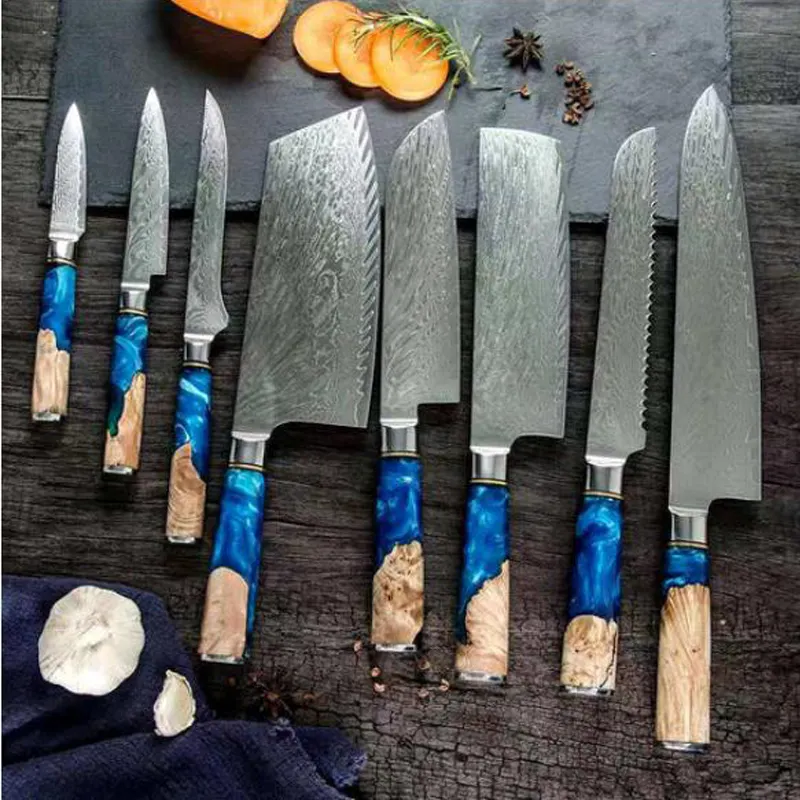 Luxury Blue Resin Handle Damascus Steel Knife Chef Cooking VG10 67Layers Japanese Kitchen Knives Damascus Knife Set