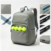Sac à dos de tennis gris avec garniture bleue, sac de raquette, sac à balles doublé, poche zippée, poche latérale, sac à usage spécial personnalisable
