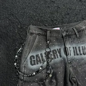 Jeans <span class=keywords><strong>Corti</strong></span> da Uomo Personalizzati con Stampa sulle Ginocchia, Vestibilità Ampia, Lavaggio Acido, Strass, Pantaloni Baggy in Denim, MOQ10 - Product Image 2