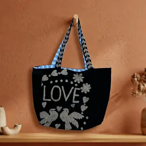 Elegant Black 100% Cotton Velvet Embroidery <b>Bag</b> Love & Birds Art Design Large Boho Shoulder Tote Unique <b>Gift</b> for Women - Product Image 5