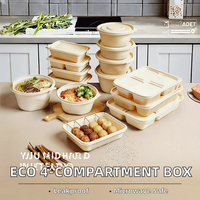 Boîte à lunch bento écologique en bambou, 1300 ml, jetable, compatible micro-ondes, 4 compartiments, haute et profonde, avec couvercle, pour plats à emporter