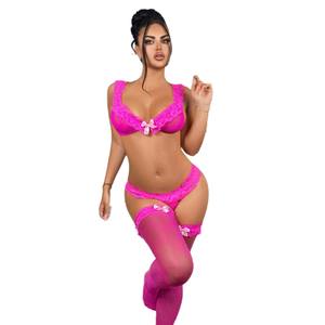 طقم ملابس داخلية نسائية مثير من 3 قطع، جوارب طويلة عالية المرونة مع تصميم مفرغ على شكل وردة لعيد الحب، طقم جاكار مثير - Product Image 6