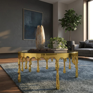 Designer's Modern <b>Round</b> Coffee <b>Table</b> With Brass Drip Base Glass Top Contemporary Living Room Furniture Decorative Metal Design - Product Image 4