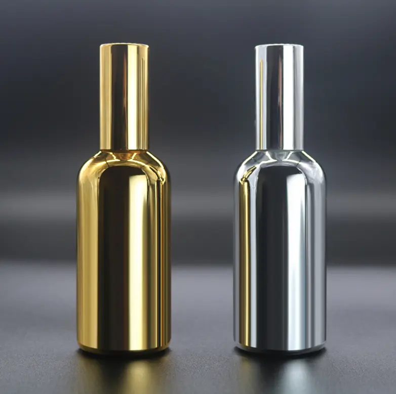Fuyun Quick Verzending Zilveren Kleur Plated Essentiële Olie Spray Fles 100Ml Lege Glas Parfum Olie Flessen Met Spuit