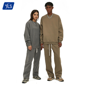 YLS setelan olahraga katun warna polos, Sweatshirt leher Crew dan celana olahraga, Set <span class=keywords><strong>Jogging</strong></span> pakaian olahraga kustom untuk pria wanita