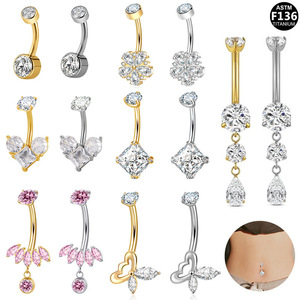 Anneau de nombril en titane, forme de fleur et de cœur, serti de cristaux, bijoux de piercing, bijoux de corps tendance pour les fêtes - Product Image 1