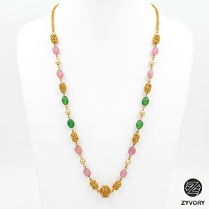 Collier Mala en argent 925 antique avec perles roses et vertes et accents de perles, bijoux ethniques traditionnels pour femmes - Product Image 1