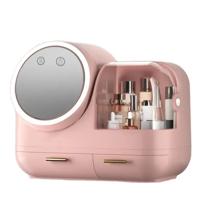 Tiktok Hot Sale Dustproof Portable Cosmetic Storage Box With Led light Mirror lMakeup Organizer With Drawers With Cool Wind