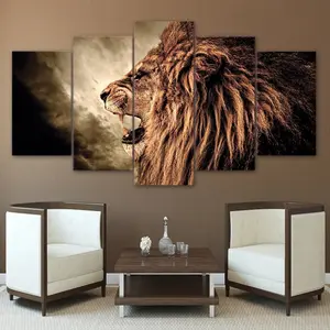 Zevkli aslan tuval duvar tablosu 3D 5-panel aslan dekorasyon duvar tuvali boyama