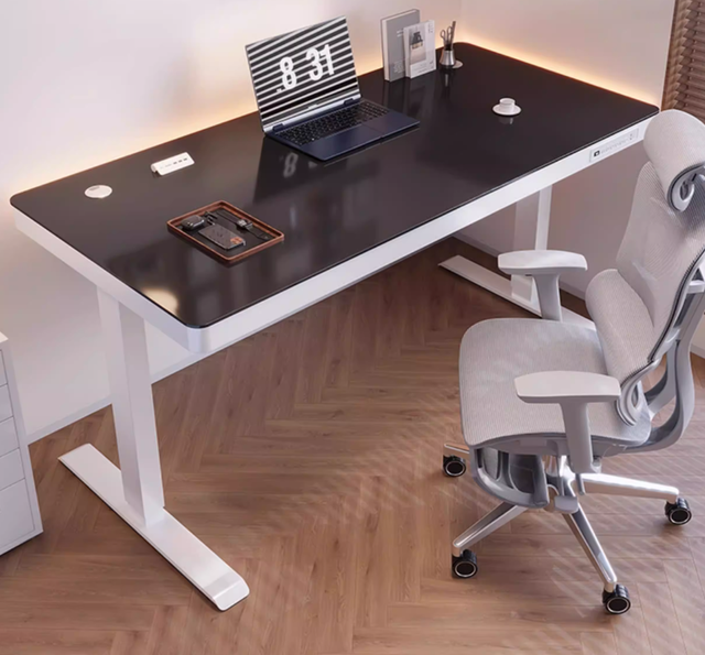 Glass-top Electric Adjustable Desk, Solid Wood Smart Computer Table, Foldable Esports Desk, Suitable for Home Use