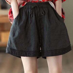 Women's Cotton Linen Shorts Burnt Yellow Crochet Hem <b>Drawstring</b> Waist Casual Summer Pants With Pockets Breathable Mid Waist - Product Image 5