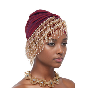 Bán Buôn Phụ Nữ Mới Nhất Nigeria Aso Oke Mũ Nón Vàng Bead Ngọc Trai Tassel Headties Phụ Nữ Châu Phi Sang Trọng Đồng Bằng Hồi Giáo Turban - Product Image 3