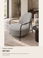 Fauteuil lounge moderne en tissu gris, fauteuil d'appoint rembourré avec cadre en métal noir, fauteuil de lecture à dossier bas pour salon