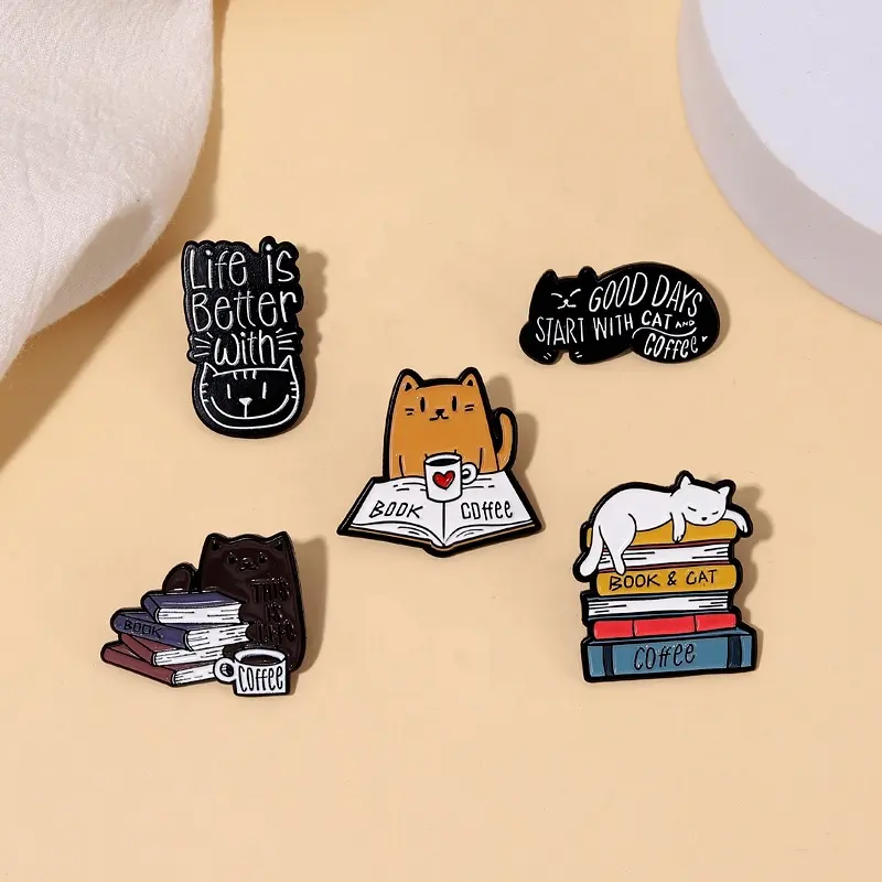 Cute Cat Enamel Pin Book Coffee Badge Brooch Life Is Better with Cat Animals Metal Kitten Lapel Backpack Jewelry Wholesale