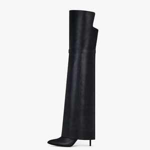 Sepatu <span class=keywords><strong>Boots</strong></span> Wanita Model Metal Shark Lock Setengah Paha Ujung Lancip Sepatu Boot Panjang Model Knight Stiletto Hak Tinggi - Product Image 3