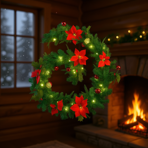 Guirnalda Navideña Verde de PVC de 8.9 Pies con Luces LED Blanco Cálido, Adorno de Flor de Pascua y Aloe, Decoración Tradicional para Colgar en la Pared - Product Image 2
