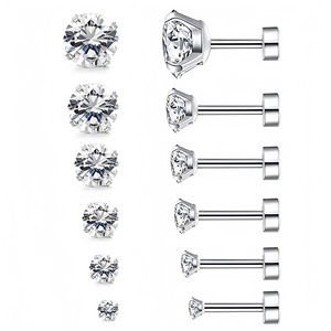 Titanium Steel <b>Round</b> Zircon Stud Earrings Prong Setting Stainless Steel Ear <b>Posts</b> Gift Jewelry Set - Product Image 1