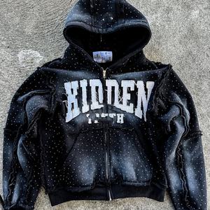 Felpa da uomo Oversize Casual con <span class=keywords><strong>cappuccio</strong></span> con cerniera ricamata e Hot Drill Patch Logo personalizzato iniezione alla moda bocca allentata - Product Image 3