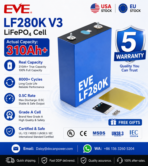 EU US Stock 8000cycles LF280K 280Ah 310AH Cell EVE Grade a MB31 314Ah Lifepo4 3.2V Prismatic Phosphate Photovoltaic Batteries