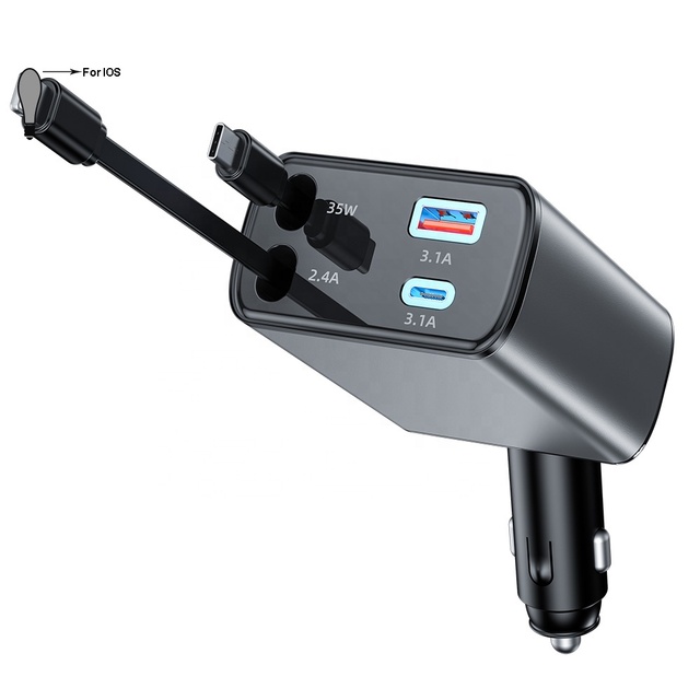 2 Retractable Cable 78W Type C Cable Autolader Retractable Cables Mobile Cell Phone Charger 4 in 1 Car Charger Adapter