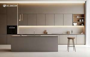 Armoires <span class=keywords><strong>de</strong></span> cuisine modernes minimalistes beiges DC.DECOR, étagères modulaires en <span class=keywords><strong>granit</strong></span>, placage <span class=keywords><strong>de</strong></span> bois personnalisé, ignifuge, respectueux <span class=keywords><strong>de</strong></span> l'environnement - Product Image 2