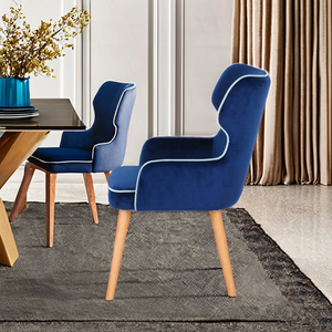 Nordic <strong>Blue</strong> Velvet Dining Chair with <strong>Light</strong> Wood Legs Upholstered Accent <strong>Armchair</strong> with White Piping for Home Restaurant Hotel - Product Image 4