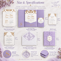 Suite d'invitations de mariage personnalisées en damassé lavande avec carte pliée à pochette dorée et doublure d'enveloppe RSVP – Vente en gros fabricant