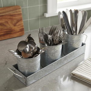 Juego de 3 Portautensilios de Metal Galvanizado con Bandeja, Estilo Rústico, Color Plateado, Aptos para Lavavajillas, Ecológicos - Product Image 3