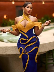 Vestido de Noche Formal de Gala, Estilo Sirena, de Terciopelo Cristalizado con Ribete Dorado Azul Rey, Escote en V, Ajustado al Cuerpo, Modelo LM D115 - Product Image 6