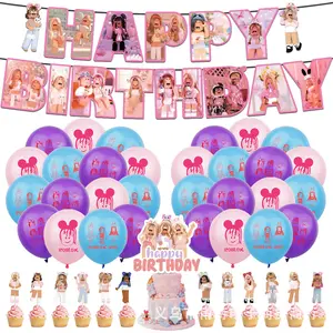 K307 Game Pink Girl Birthday Theme Flag Cake Insert Decoration Balloon Cake Row Party Decoration Supplies Set