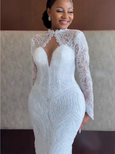 <span class=keywords><strong>Robe</strong></span> de mariée sirène personnalisée en dentelle perlée brillante Aso Ebi avec traîne détachable et manches longues - Product Image 6