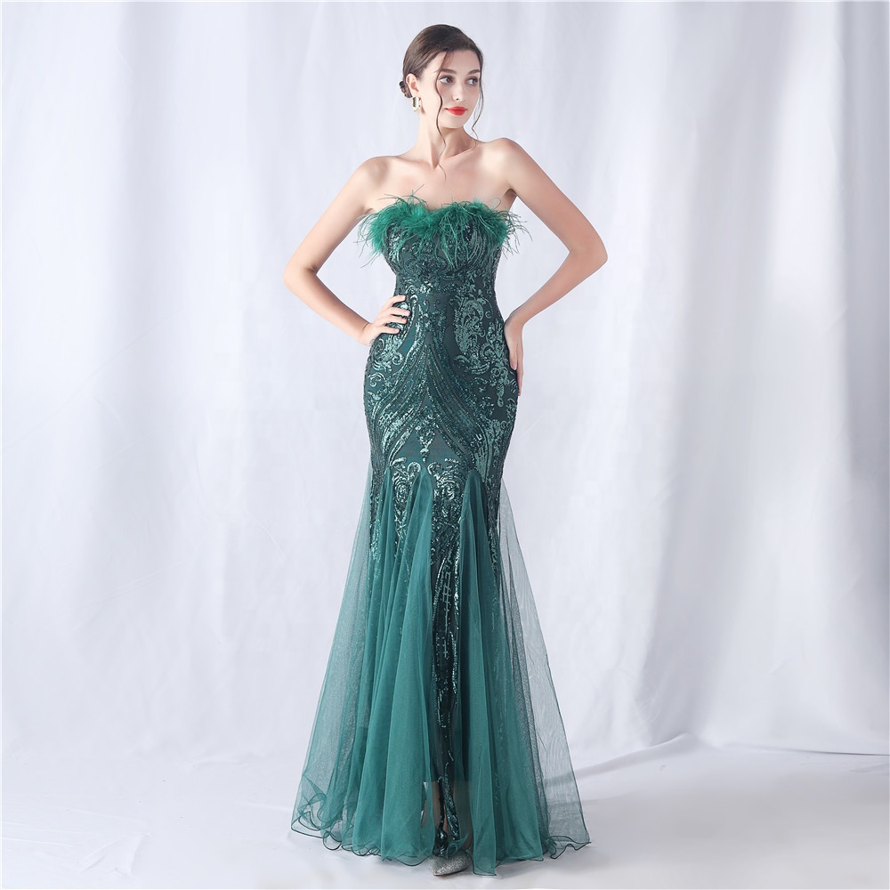 Shop Our in Stock Strapless Sleeveless Feather Sequined Dress