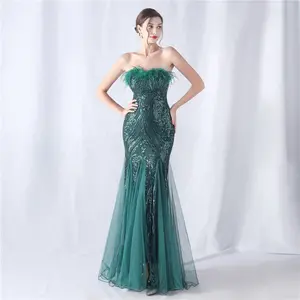 In Stock Strapless Sleeveless Feather Sequined Floor Length Emerald Green Sequin Evening Dress