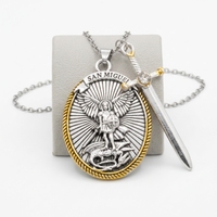 Collier vintage espagnol SAN MIGUEL en alliage C177 avec épée et croix, bouclier de protection, ailes d'ange, style chaîne de pull
