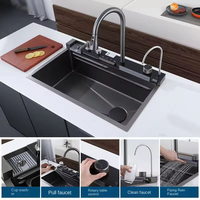 Évier de cuisine intelligent à cuve unique, multifonctionnel, nano, en acier inoxydable SUS304, avec cascade LED et rince-verre intégré