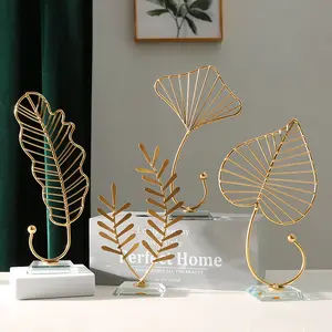 金属桌子艺术工艺金色银杏叶现代抽象3D雕塑雕像独特家居装饰大客厅装饰品