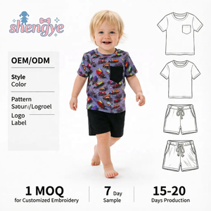 DH ODM 도매 RTS 대나무 원단 반팔 아기 접이식 의상 서양 프린트 대나무 남아 세트 - Product Image 1