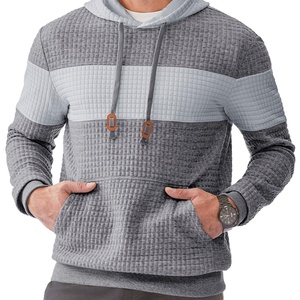 Casual <b>Waffle</b> Knit Pullover Hooded Sweatshirt Long Sleeve with Lightweight Drawstring Color <b>Block</b> and Embroidered Kanga Pocket - Product Image 1