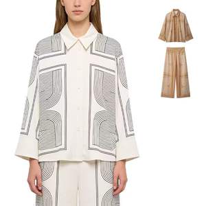 Summer New Women's Fashion Print Lapel Button-<b>Down</b> Closure Temperament Casual Long-Sleeved Shirt <b>Pants</b> - Product Image 1