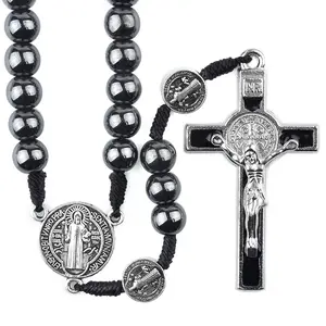 Yiwu Sanlan 6Mm Katholiek Hematiet Kralen Koord Rozenkrans Met St. Benedict Connector En Crucifix Hanger