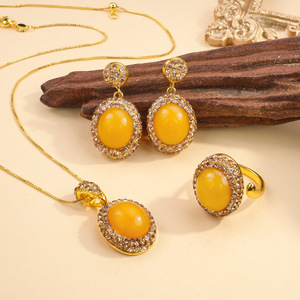 Set di Gioielli Vintage Placcati <span class=keywords><strong>Oro</strong></span> Aisaiti 3 Pezzi per Donna, Collana con Pietra Ovale, Orecchini e Anello, Set Regalo all'Ingrosso - Product Image 3